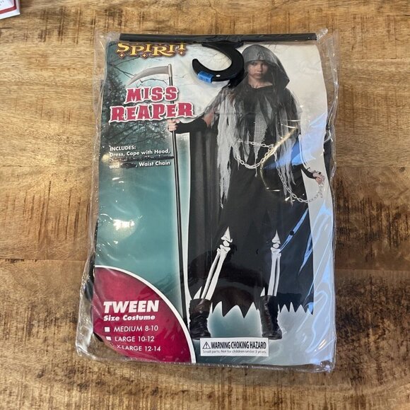 Girls Size Medium 12-14 Miss Reaper Tween Halloween Costume Dress Cape Chain - Picture 2 of 12